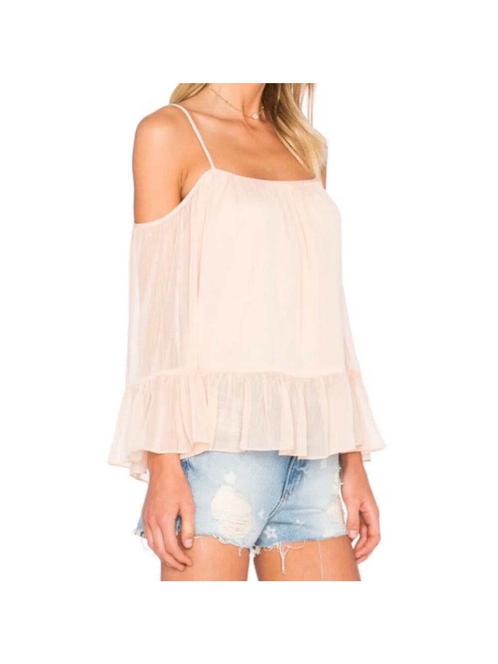 Revolve Lovers + Friends Cold Shoulder Pink Orange Ruffled Bell Sleeve Blouse M